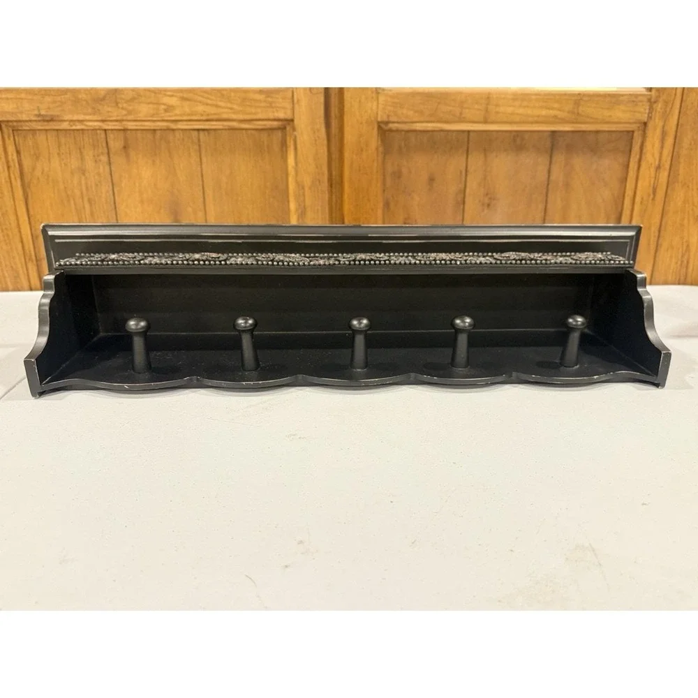 Wood Wall Shelf Black W/ Pegs (5) Plate Groove Distress Painted Finish 24